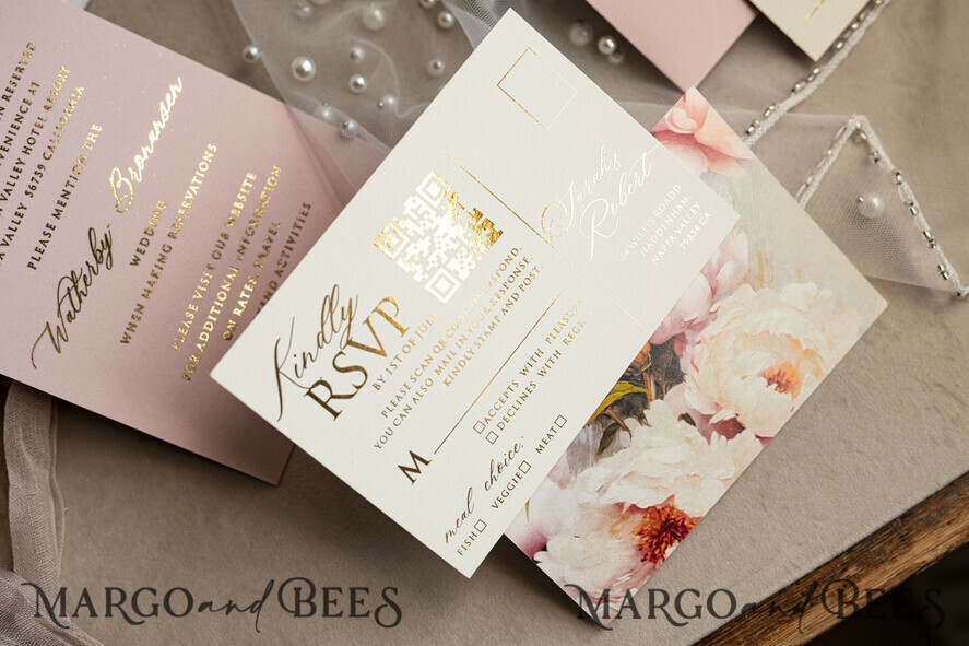 WEDDING INVITATIONS gold / rose gold / silver / glitter Blush Pink Chiffon bow beaded bespoke Elegant Peony Rose Gold Wedding Invitation Suite, White Perls Golden Wedding Cards, Boho golden folder Wedding Stationery, Vellum etui with monogram