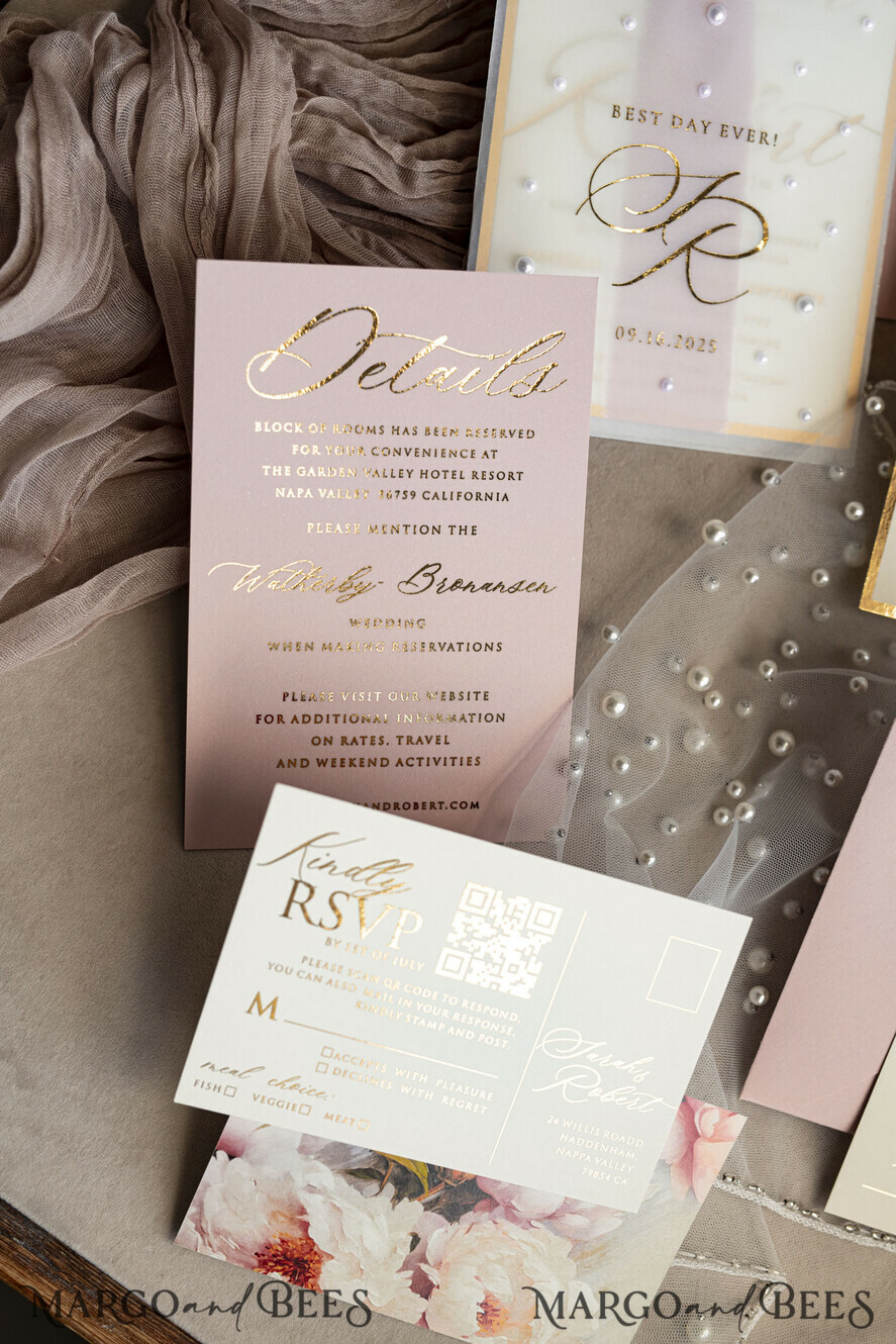 WEDDING INVITATIONS gold / rose gold / silver / glitter Blush Pink Chiffon bow beaded bespoke Elegant Peony Rose Gold Wedding Invitation Suite, White Perls Golden Wedding Cards, Boho golden folder Wedding Stationery, Vellum etui with monogram