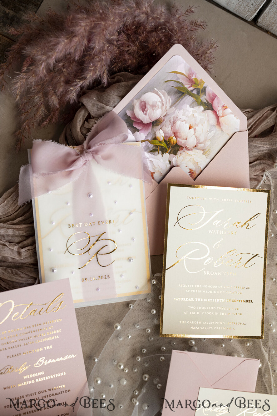 WEDDING INVITATIONS gold / rose gold / silver / glitter Blush Pink Chiffon bow beaded bespoke Elegant Peony Rose Gold Wedding Invitation Suite, White Perls Golden Wedding Cards, Boho golden folder Wedding Stationery, Vellum etui with monogram