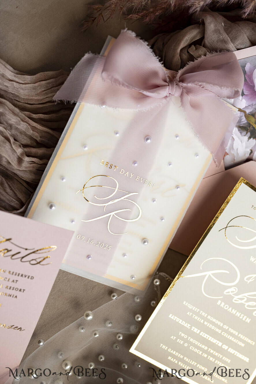 WEDDING INVITATIONS gold / rose gold / silver / glitter Blush Pink Chiffon bow beaded bespoke Elegant Peony Rose Gold Wedding Invitation Suite, White Perls Golden Wedding Cards, Boho golden folder Wedding Stationery, Vellum etui with monogram