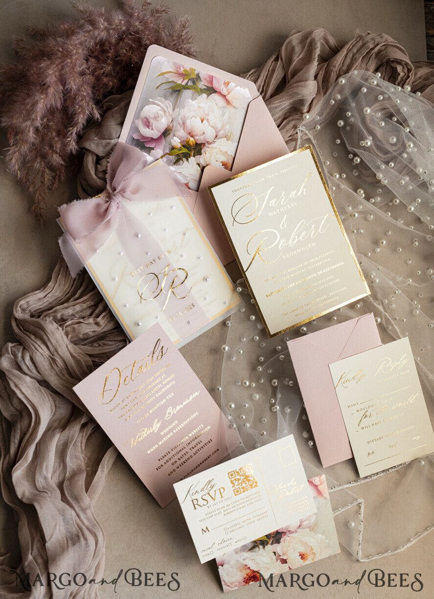 WEDDING INVITATIONS gold / rose gold / silver / glitter Blush Pink Chiffon bow beaded bespoke Elegant Peony Rose Gold Wedding Invitation Suite, White Perls Golden Wedding Cards, Boho golden folder Wedding Stationery, Vellum etui with monogram