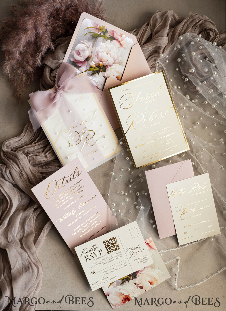 WEDDING INVITATIONS gold / rose gold / silver / glitter Blush Pink Chiffon bow beaded bespoke Elegant Peony Rose Gold Wedding Invitation Suite, White Perls Golden Wedding Cards, Boho golden folder Wedding Stationery, Vellum etui with monogram