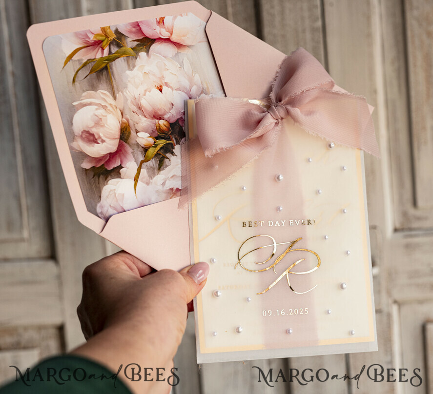 WEDDING INVITATIONS gold / rose gold / silver / glitter Blush Pink Chiffon bow beaded bespoke Elegant Peony Rose Gold Wedding Invitation Suite, White Perls Golden Wedding Cards, Boho golden folder Wedding Stationery, Vellum etui with monogram