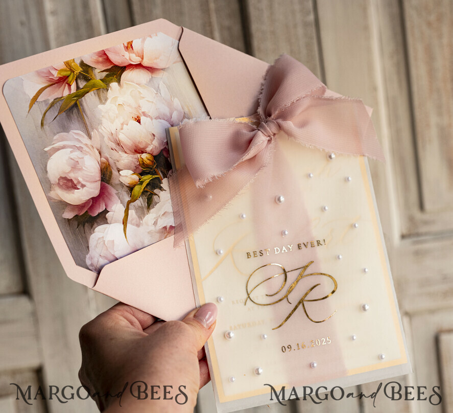 WEDDING INVITATIONS gold / rose gold / silver / glitter Blush Pink Chiffon bow beaded bespoke Elegant Peony Rose Gold Wedding Invitation Suite, White Perls Golden Wedding Cards, Boho golden folder Wedding Stationery, Vellum etui with monogram