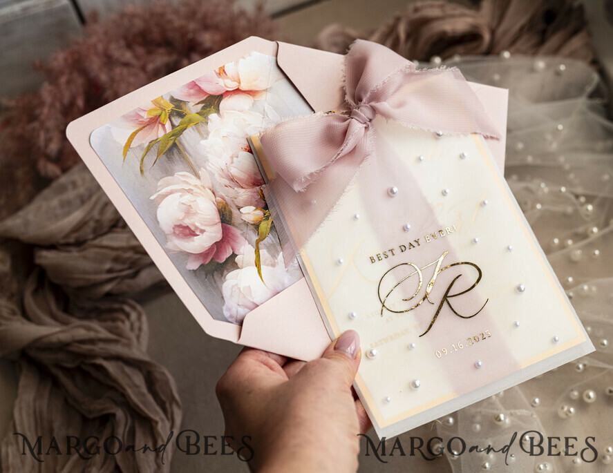WEDDING INVITATIONS gold / rose gold / silver / glitter Blush Pink Chiffon bow beaded bespoke Elegant Peony Rose Gold Wedding Invitation Suite, White Perls Golden Wedding Cards, Boho golden folder Wedding Stationery, Vellum etui with monogram