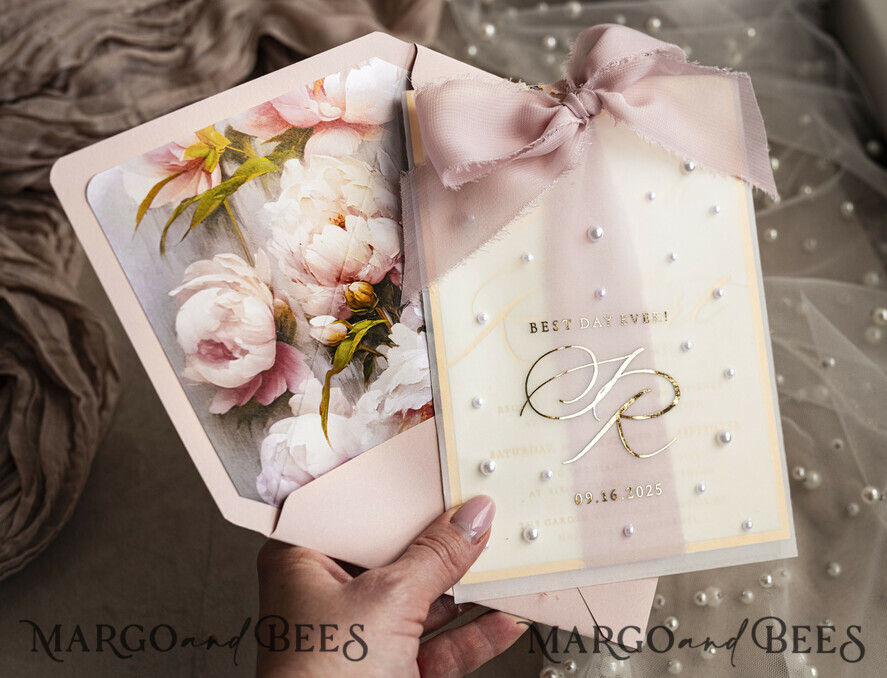 WEDDING INVITATIONS gold / rose gold / silver / glitter Blush Pink Chiffon bow beaded bespoke Elegant Peony Rose Gold Wedding Invitation Suite, White Perls Golden Wedding Cards, Boho golden folder Wedding Stationery, Vellum etui with monogram