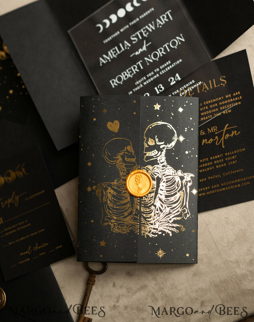 WEDDING INVITATIONS gold / rose gold / silver / glitter Halloween Gold Wedding Invitations, Black and Gold Acrylic Invitation set, Moon Tarot Wedding Invitation Cards, Gold Skeleton Wedding Set