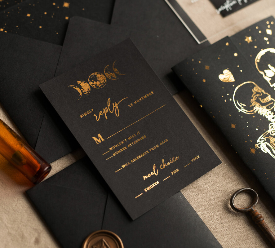 WEDDING INVITATIONS gold / rose gold / silver / glitter Halloween Gold Wedding Invitations, Black and Gold Acrylic Invitation set, Moon Tarot Wedding Invitation Cards, Gold Skeleton Wedding Set