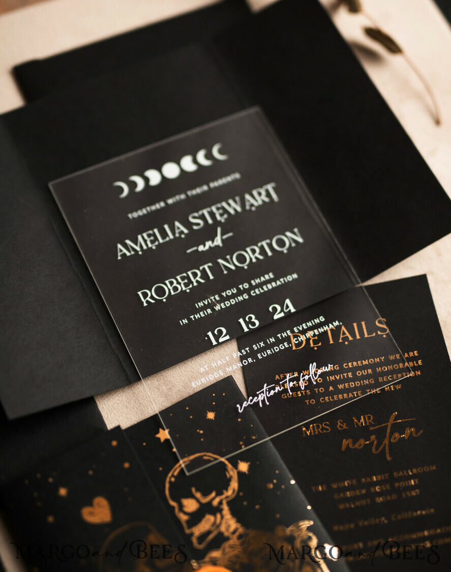 WEDDING INVITATIONS gold / rose gold / silver / glitter Halloween Gold Wedding Invitations, Black and Gold Acrylic Invitation set, Moon Tarot Wedding Invitation Cards, Gold Skeleton Wedding Set