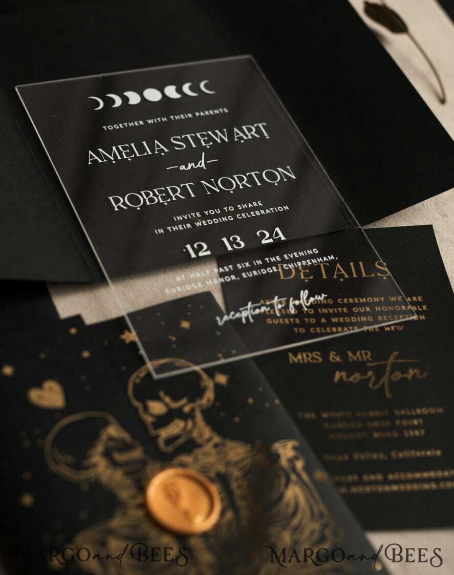 WEDDING INVITATIONS gold / rose gold / silver / glitter Halloween Gold Wedding Invitations, Black and Gold Acrylic Invitation set, Moon Tarot Wedding Invitation Cards, Gold Skeleton Wedding Set