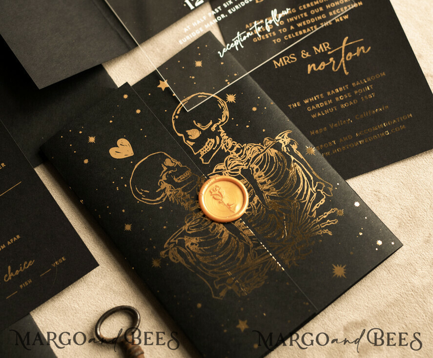 WEDDING INVITATIONS gold / rose gold / silver / glitter Halloween Gold Wedding Invitations, Black and Gold Acrylic Invitation set, Moon Tarot Wedding Invitation Cards, Gold Skeleton Wedding Set