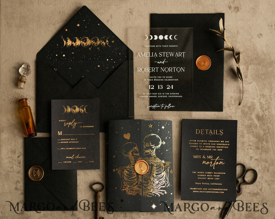 WEDDING INVITATIONS gold / rose gold / silver / glitter Halloween Gold Wedding Invitations, Black and Gold Acrylic Invitation set, Moon Tarot Wedding Invitation Cards, Gold Skeleton Wedding Set