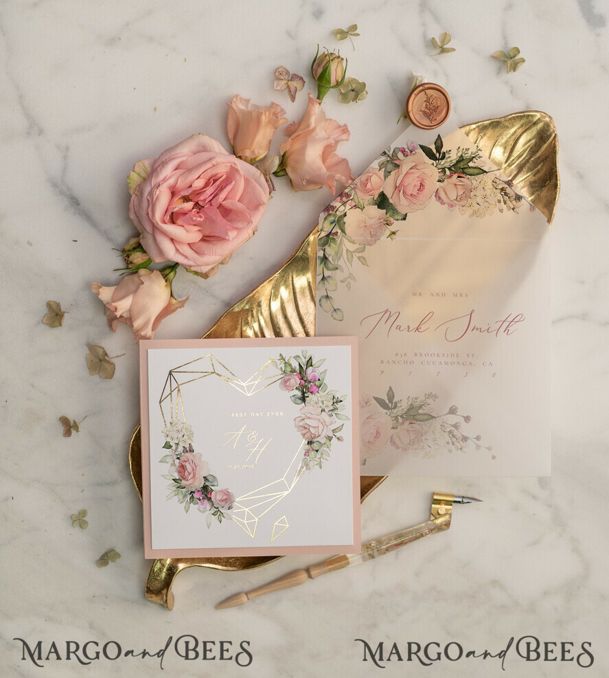 Bespoke Pink And Gold Foil Wedding Invitation Cards Glamour Wedding Floral Invitations Glitter Shiny Invites Luxury Wedding Suite Of 20 Pcs