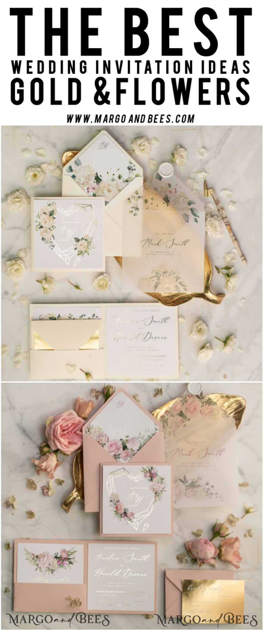 Rose gold Pocketfold Wedding invitation with glitter heart design "Samples" 