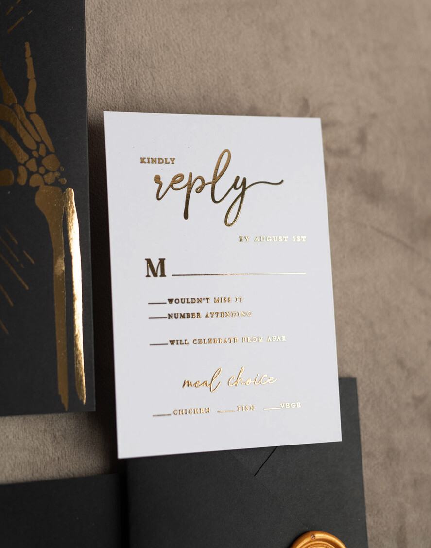 WEDDING INVITATIONS gold / rose gold / silver / glitter Halloween Gold Wedding Invitations, Black Gloss Acrylic Invitation set, Spooky plexi Invites Goth Wedding Invitation Cards, Gold Skeleton Wedding Set
