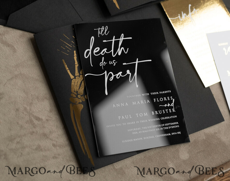 WEDDING INVITATIONS gold / rose gold / silver / glitter Halloween Gold Wedding Invitations, Black Gloss Acrylic Invitation set, Spooky plexi Invites Goth Wedding Invitation Cards, Gold Skeleton Wedding Set