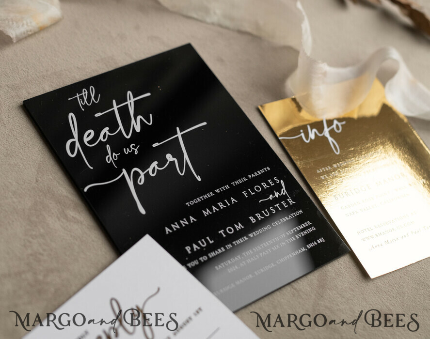 WEDDING INVITATIONS gold / rose gold / silver / glitter Halloween Gold Wedding Invitations, Black Gloss Acrylic Invitation set, Spooky plexi Invites Goth Wedding Invitation Cards, Gold Skeleton Wedding Set