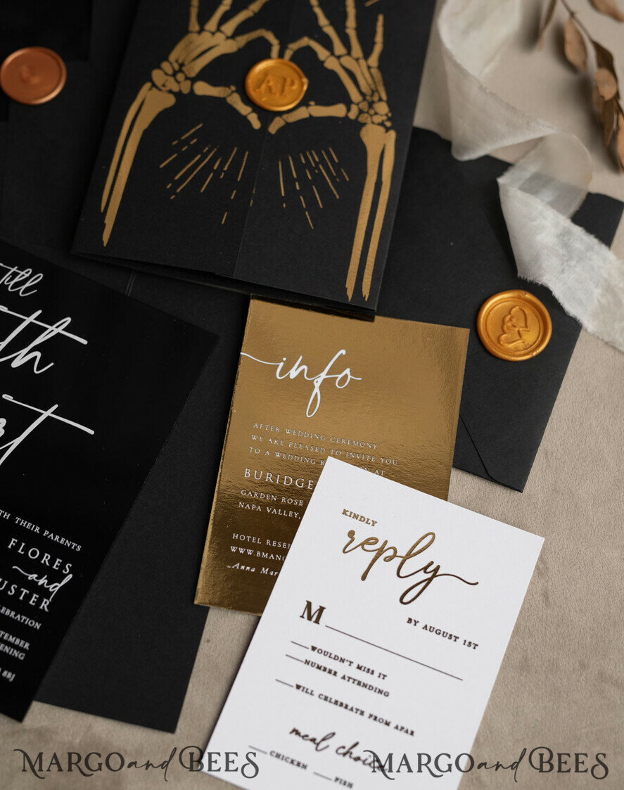 WEDDING INVITATIONS gold / rose gold / silver / glitter Halloween Gold Wedding Invitations, Black Gloss Acrylic Invitation set, Spooky plexi Invites Goth Wedding Invitation Cards, Gold Skeleton Wedding Set