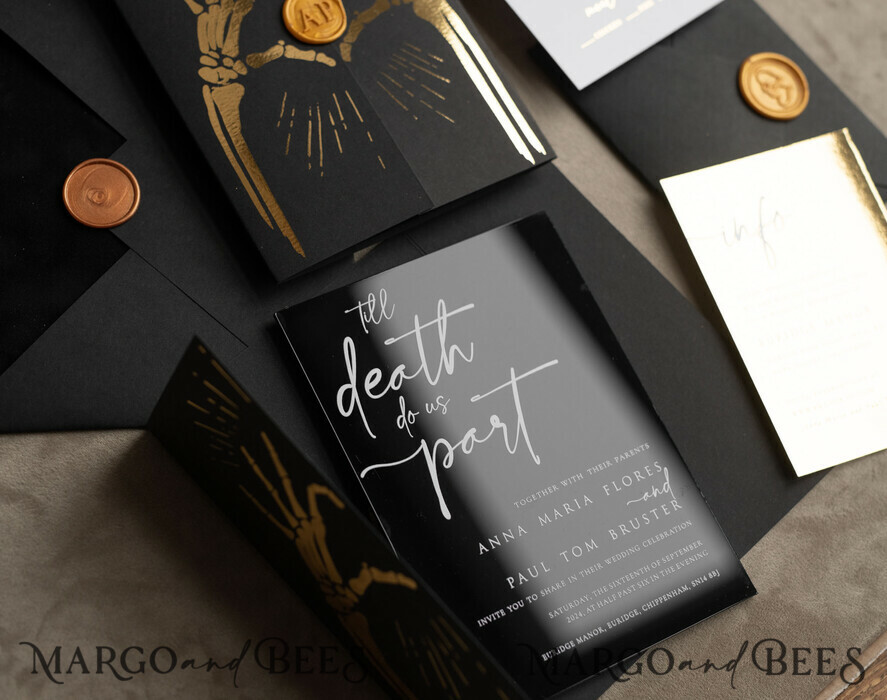 WEDDING INVITATIONS gold / rose gold / silver / glitter Halloween Gold Wedding Invitations, Black Gloss Acrylic Invitation set, Spooky plexi Invites Goth Wedding Invitation Cards, Gold Skeleton Wedding Set