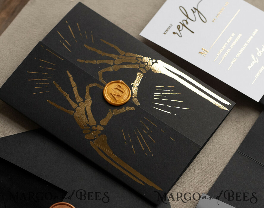 WEDDING INVITATIONS gold / rose gold / silver / glitter Halloween Gold Wedding Invitations, Black Gloss Acrylic Invitation set, Spooky plexi Invites Goth Wedding Invitation Cards, Gold Skeleton Wedding Set