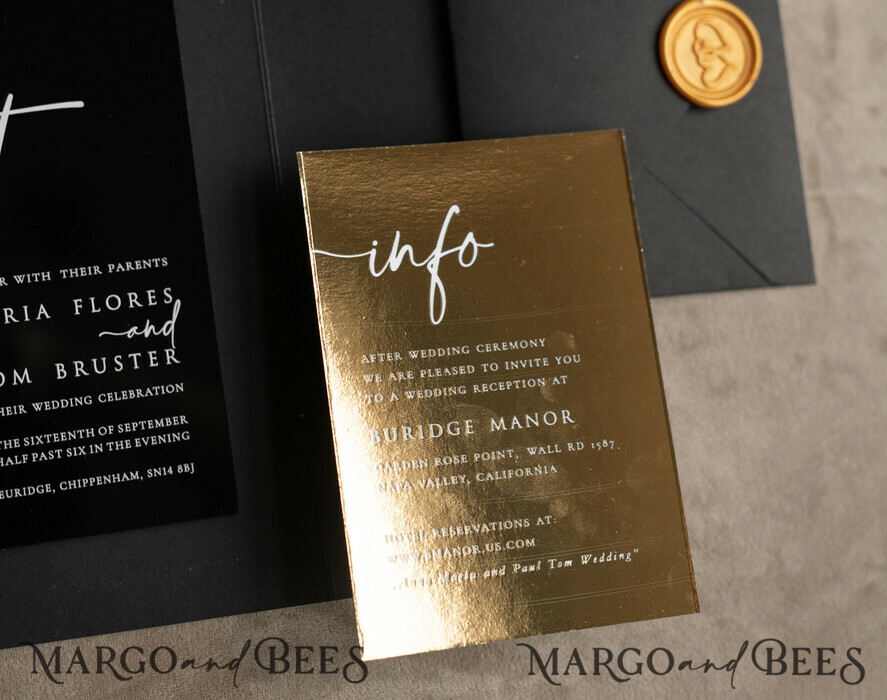 WEDDING INVITATIONS gold / rose gold / silver / glitter Halloween Gold Wedding Invitations, Black Gloss Acrylic Invitation set, Spooky plexi Invites Goth Wedding Invitation Cards, Gold Skeleton Wedding Set