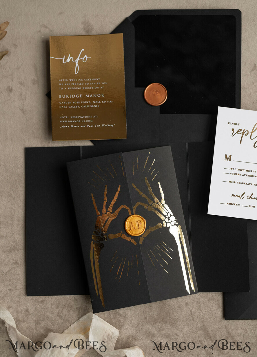 WEDDING INVITATIONS gold / rose gold / silver / glitter Halloween Gold Wedding Invitations, Black Gloss Acrylic Invitation set, Spooky plexi Invites Goth Wedding Invitation Cards, Gold Skeleton Wedding Set