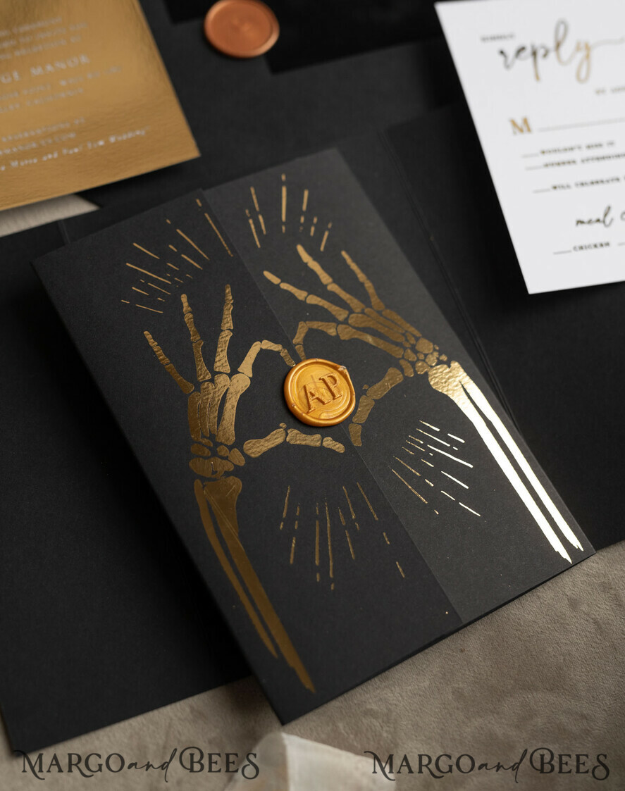 WEDDING INVITATIONS gold / rose gold / silver / glitter Halloween Gold Wedding Invitations, Black Gloss Acrylic Invitation set, Spooky plexi Invites Goth Wedding Invitation Cards, Gold Skeleton Wedding Set