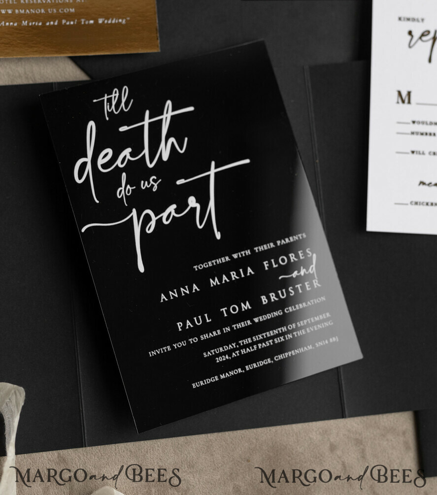 WEDDING INVITATIONS gold / rose gold / silver / glitter Halloween Gold Wedding Invitations, Black Gloss Acrylic Invitation set, Spooky plexi Invites Goth Wedding Invitation Cards, Gold Skeleton Wedding Set
