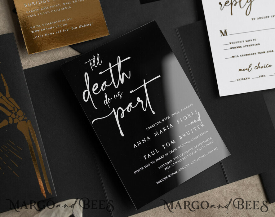 WEDDING INVITATIONS gold / rose gold / silver / glitter Halloween Gold Wedding Invitations, Black Gloss Acrylic Invitation set, Spooky plexi Invites Goth Wedding Invitation Cards, Gold Skeleton Wedding Set