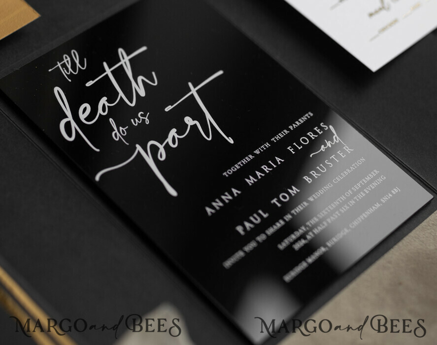 WEDDING INVITATIONS gold / rose gold / silver / glitter Halloween Gold Wedding Invitations, Black Gloss Acrylic Invitation set, Spooky plexi Invites Goth Wedding Invitation Cards, Gold Skeleton Wedding Set