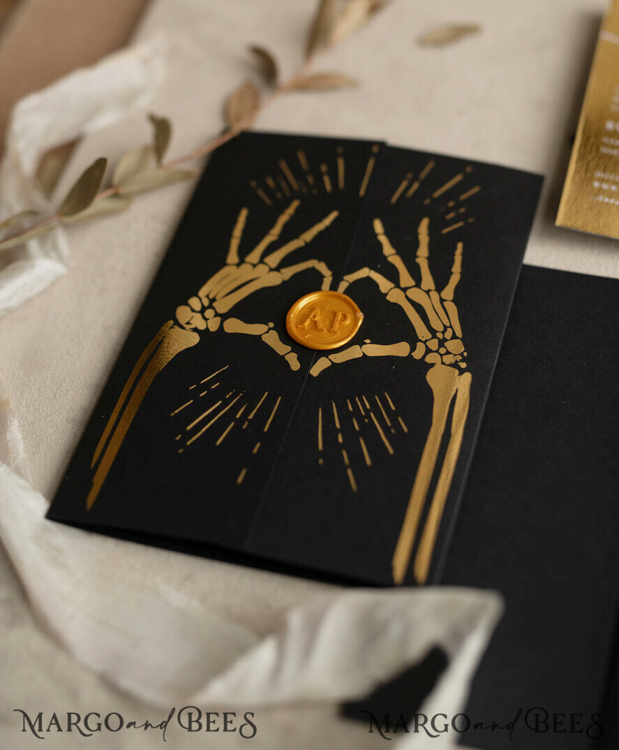 WEDDING INVITATIONS gold / rose gold / silver / glitter Halloween Gold Wedding Invitations, Black Gloss Acrylic Invitation set, Spooky plexi Invites Goth Wedding Invitation Cards, Gold Skeleton Wedding Set