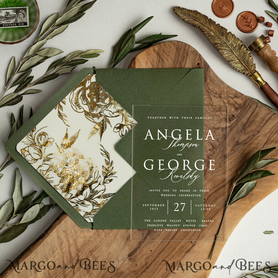WEDDING INVITATIONS gold / rose gold / silver / glitter Greece Olive Branch Wedding Invitation, Acrylic olive green wedding invitation cards, Gold Wedding Invites
