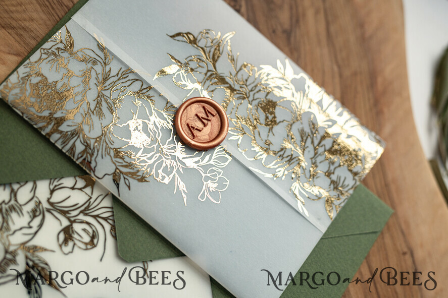 WEDDING INVITATIONS gold / rose gold / silver / glitter Greece Olive Branch Wedding Invitation, Acrylic olive green wedding invitation cards, Gold Wedding Invites