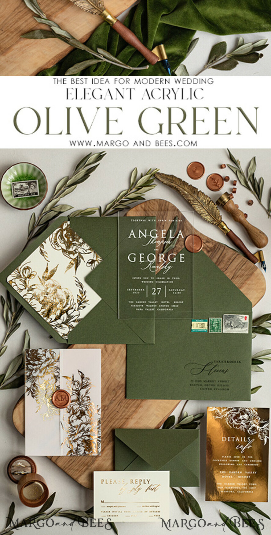 WEDDING INVITATIONS gold / rose gold / silver / glitter Greece Olive Branch Wedding Invitation, Acrylic olive green wedding invitation cards, Gold Wedding Invites