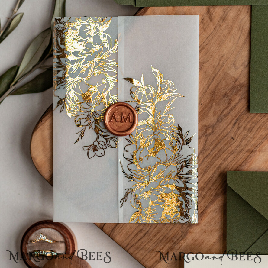 WEDDING INVITATIONS gold / rose gold / silver / glitter Greece Olive Branch Wedding Invitation, Acrylic olive green wedding invitation cards, Gold Wedding Invites