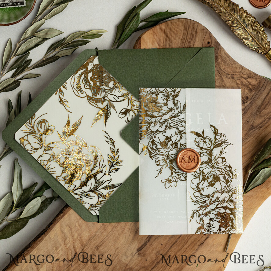 WEDDING INVITATIONS gold / rose gold / silver / glitter Greece Olive Branch Wedding Invitation, Acrylic olive green wedding invitation cards, Gold Wedding Invites