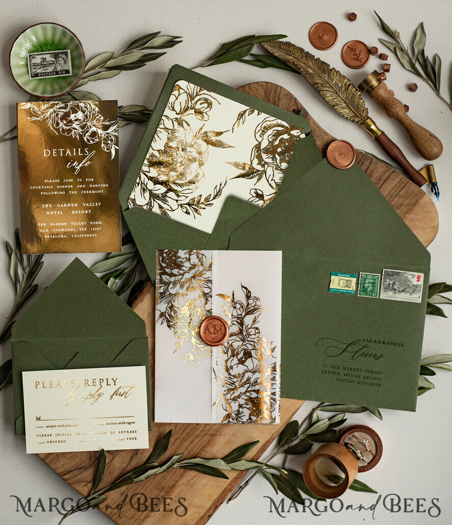 WEDDING INVITATIONS gold / rose gold / silver / glitter Greece Olive Branch Wedding Invitation, Acrylic olive green wedding invitation cards, Gold Wedding Invites