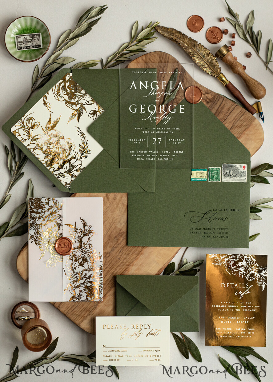 WEDDING INVITATIONS gold / rose gold / silver / glitter Greece Olive Branch Wedding Invitation, Acrylic olive green wedding invitation cards, Gold Wedding Invites