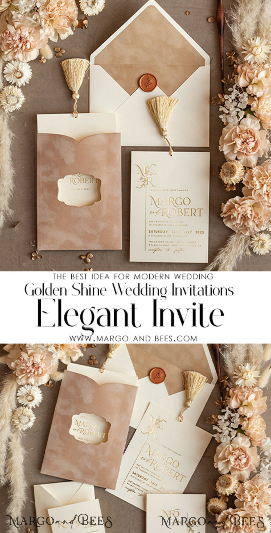 Custom Wedding invitations velvet crem pocket, Elegant gold tassel ...