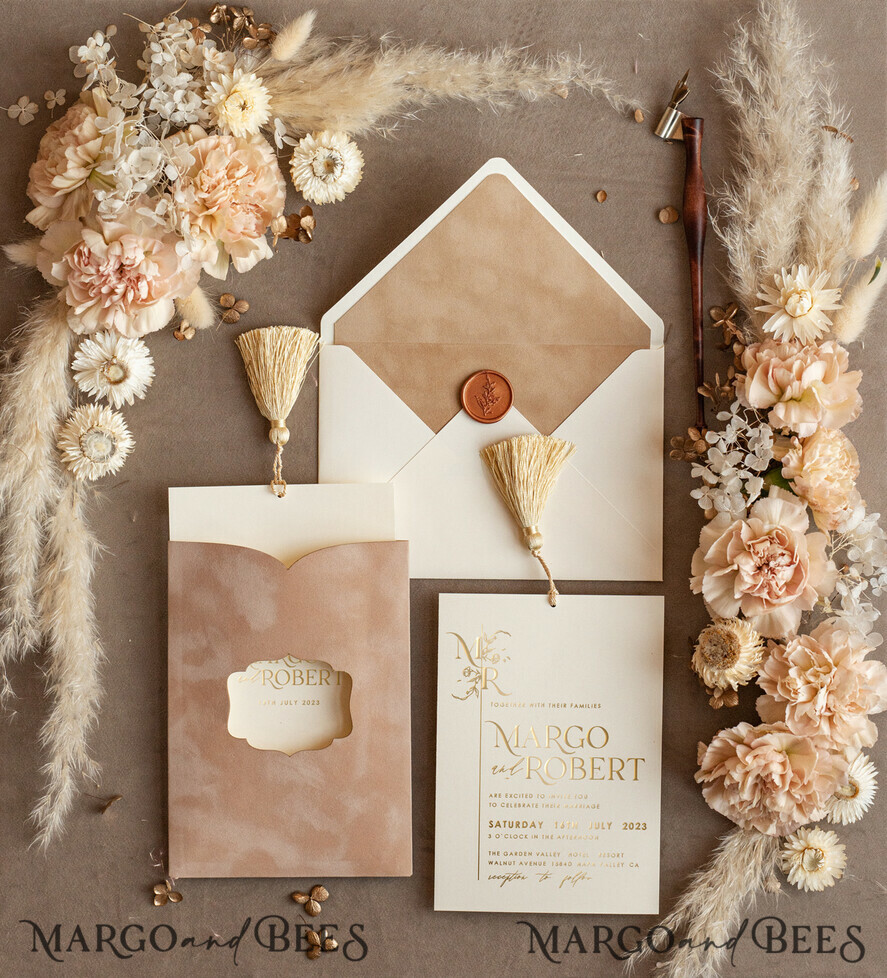 WEDDING INVITATIONS gold / rose gold / silver / glitter Custom Wedding invitations  velvet crem pocket, Elegant gold tassel Wedding Invitations, Gold Wedding Invitation Suite,  Luxury wedding Cards
