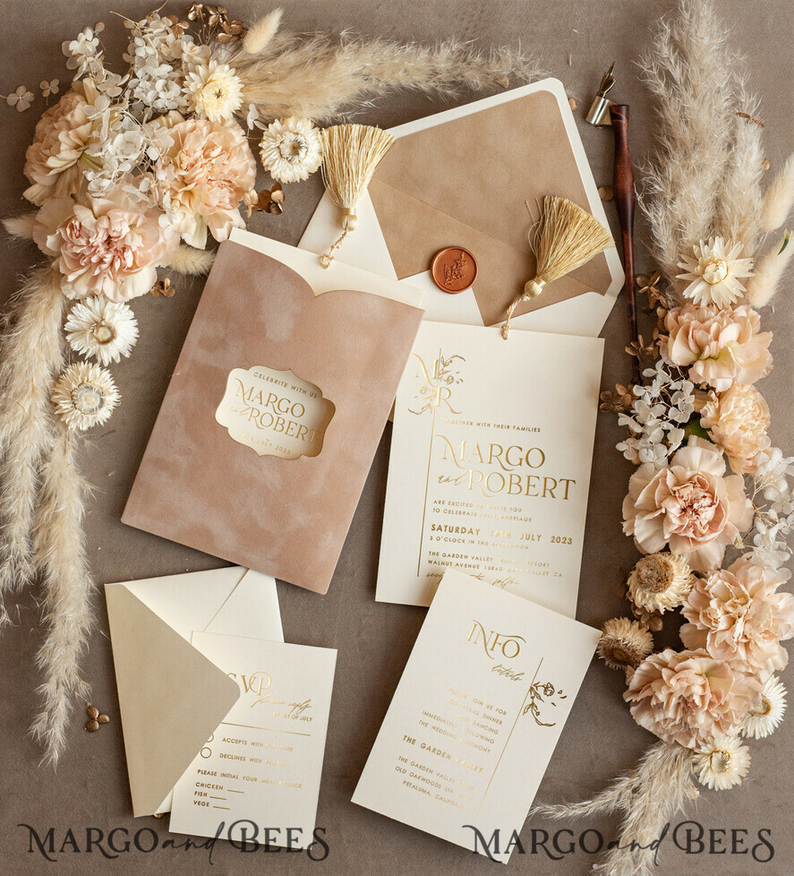 WEDDING INVITATIONS gold / rose gold / silver / glitter Custom Wedding invitations  velvet crem pocket, Elegant gold tassel Wedding Invitations, Gold Wedding Invitation Suite,  Luxury wedding Cards