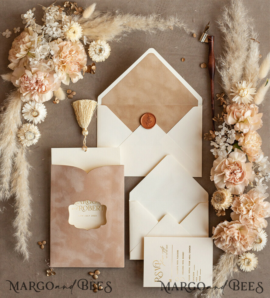 WEDDING INVITATIONS gold / rose gold / silver / glitter Custom Wedding invitations  velvet crem pocket, Elegant gold tassel Wedding Invitations, Gold Wedding Invitation Suite,  Luxury wedding Cards