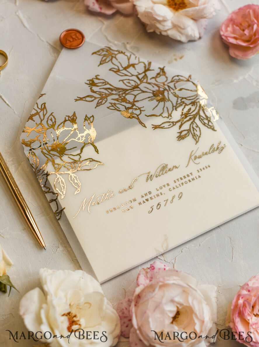 Elegant Romantic Pink Blush Floral Vellum Pocket Wedding Invitations CDI021