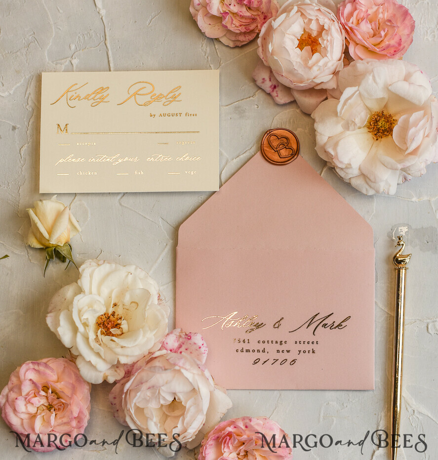 Elegant Romantic Pink Blush Floral Vellum Pocket Wedding Invitations CDI021