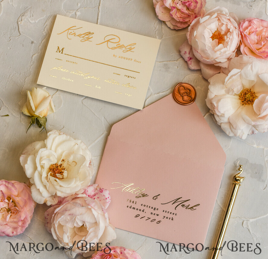Elegant Romantic Pink Blush Floral Vellum Pocket Wedding Invitations CDI021