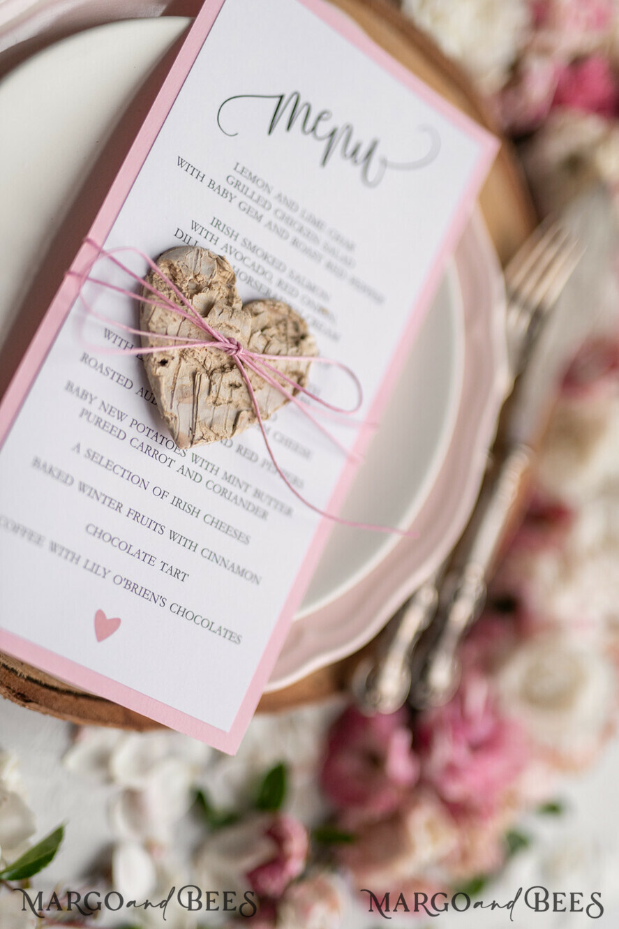 Minimalistic White Wedding Place Cards with Pink Twine and Wooden