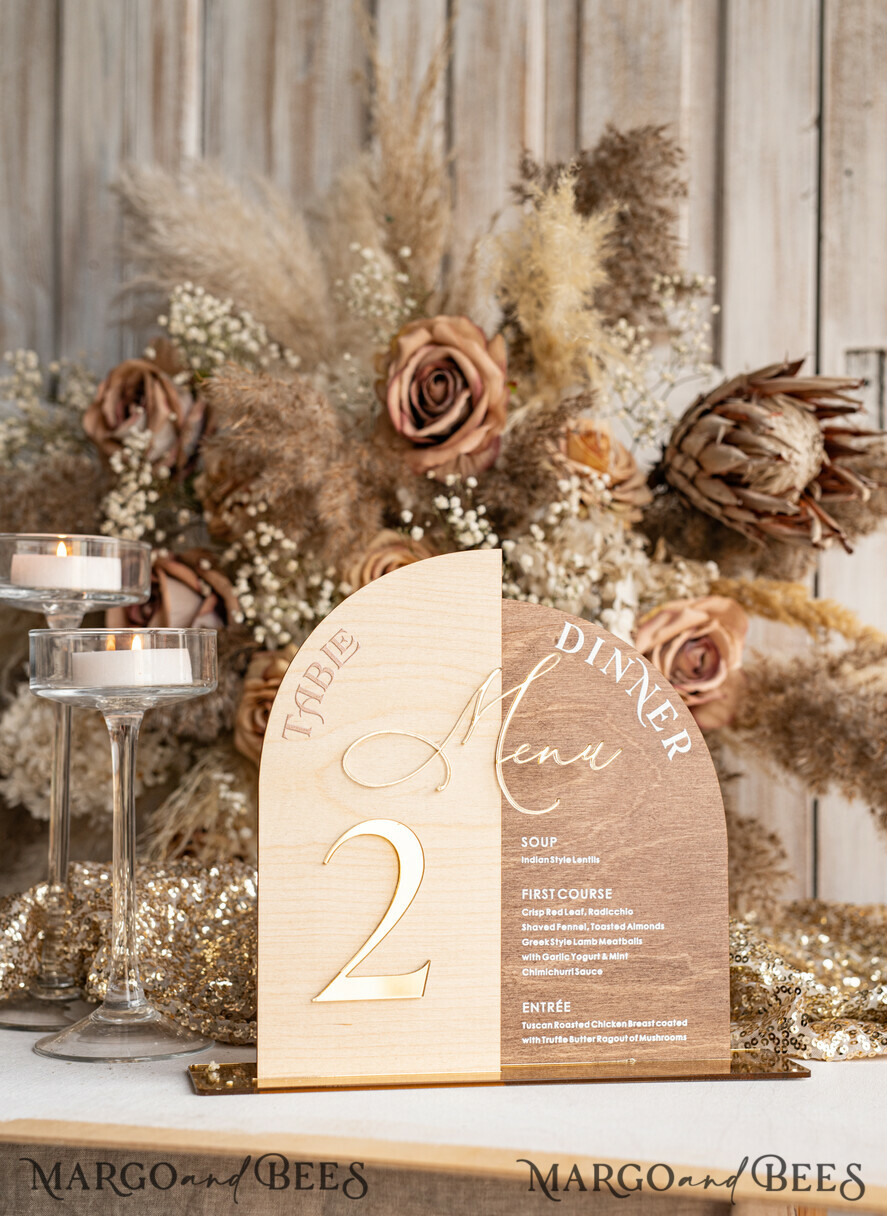 Rustic Wood Half Arch Wedding Table Numbers, Wooden Gold Plexi
