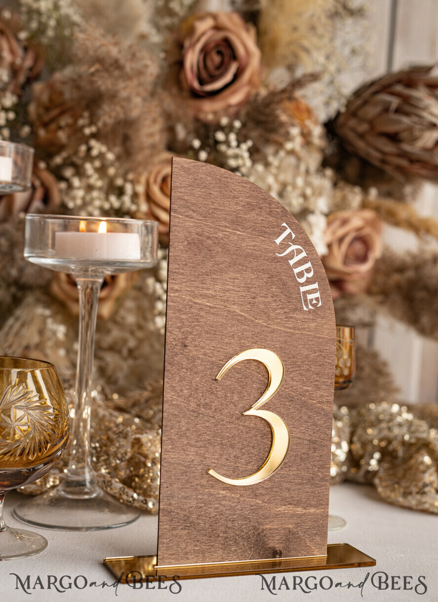 Rustic Wood Half Arch Wedding Table Numbers, Wooden Gold Plexi Table  Numbers, Country Barn Wedding Table Decor, Wedding Signage Wood Golden  mirror