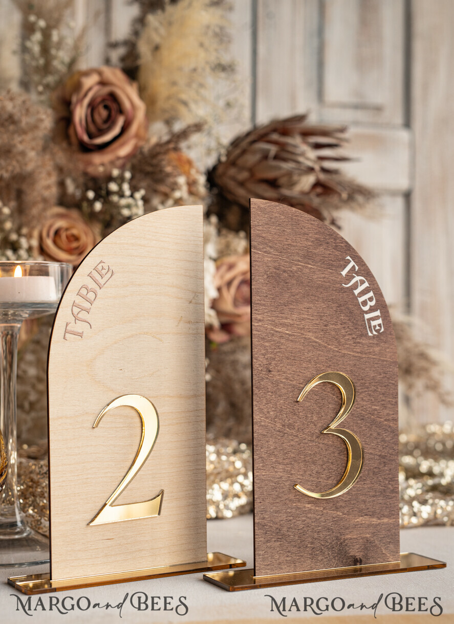 Rustic Wood Half Arch Wedding Table Numbers, Wooden Gold Plexi Table Numbers,  Country Barn Wedding Table Decor, Wedding Signage Wood Golden mirror table  numbers