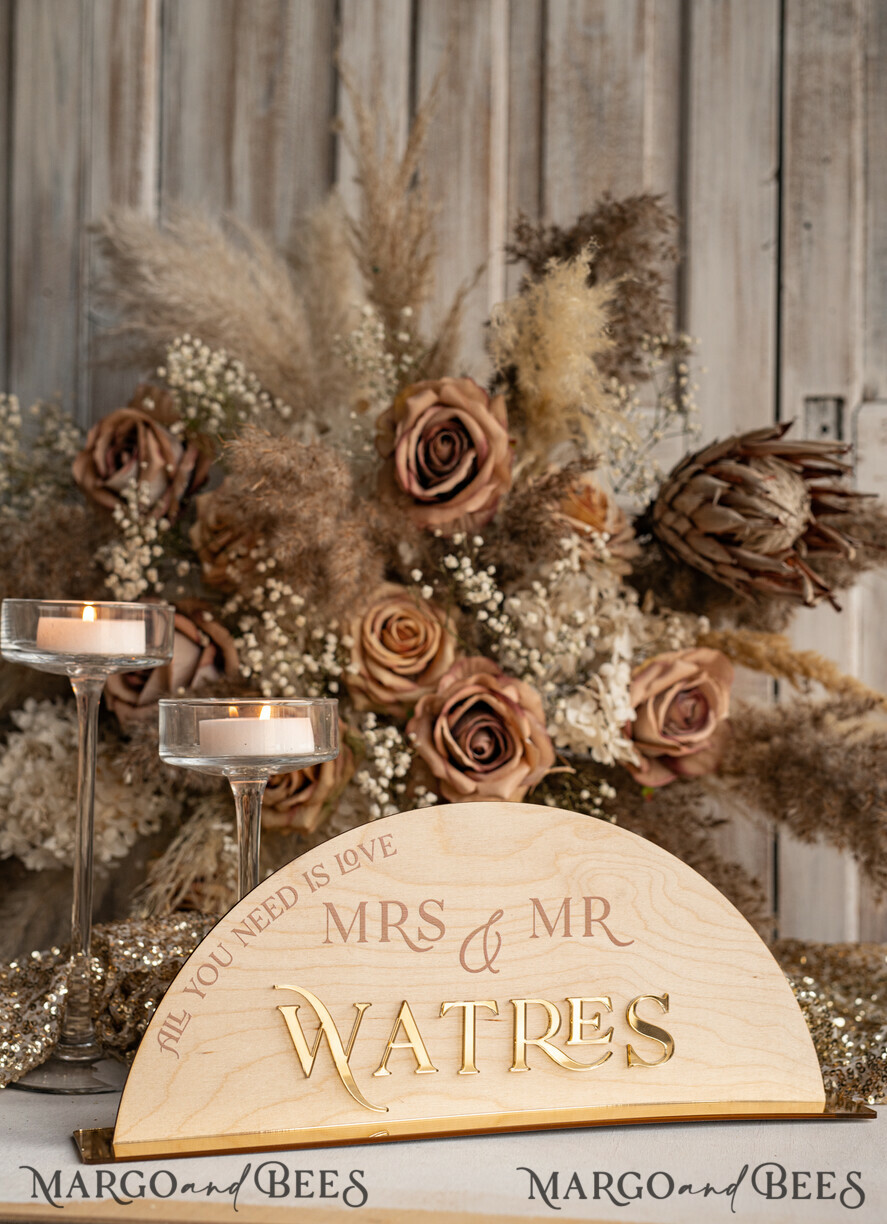 Rustic Wood and Golden Top Table Mr Mrs signs with stand, Country